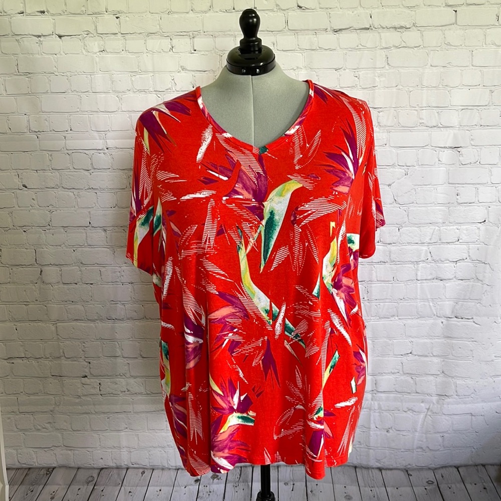 APT 9 SIZE 3X SHORT SLEEVE RED/ORANGE BLOUSE, V NECK, SOFT
